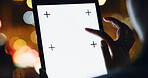 Hands, person and tablet screen in city at night for travel, social media and bokeh for booking transport. Woman, digital and mockup space of urban commute, navigation and directions for working late