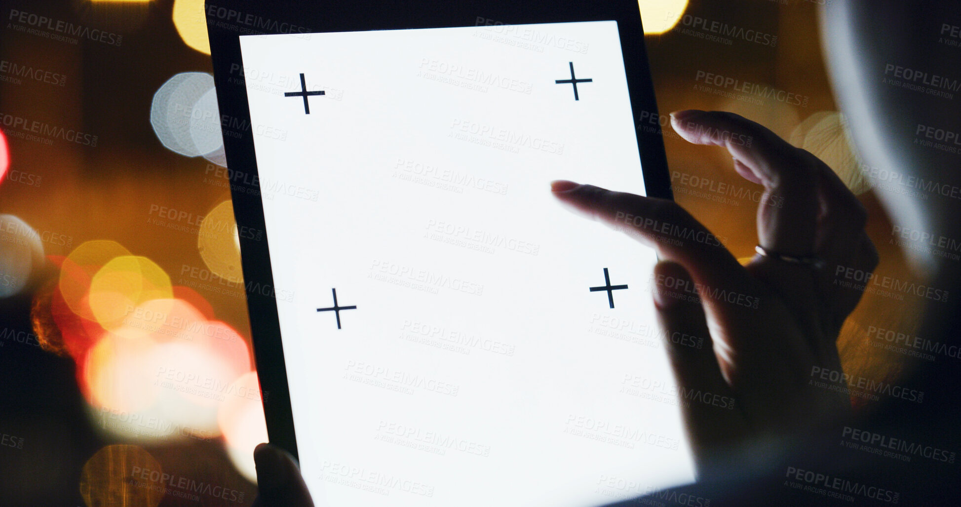 Buy stock photo Hands, person and tablet screen in city at night for travel, social media and bokeh for booking transport. Woman, digital and mockup space of urban commute, navigation and directions for working late