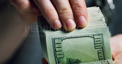 Buy stock photo Hands, criminal and counting bills for bribe crime, money laundering or smuggling cash. Person, dollar and closeup with wealth from finance scam, illegal profit or corruption income of gambling fraud