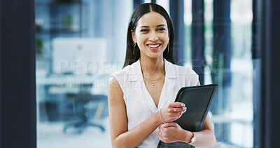 Buy stock photo Portrait, employee and woman with ambition, office or trainee with smile for career growth or space. Happy, person and internship for experience in corporate, opportunity and confident in New York