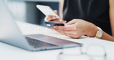 Buy stock photo Phone, credit card and hands of business woman with budget, savings or financial investment. Mobile, debit and worker in office with digital money, virtual banking and online shopping with payment