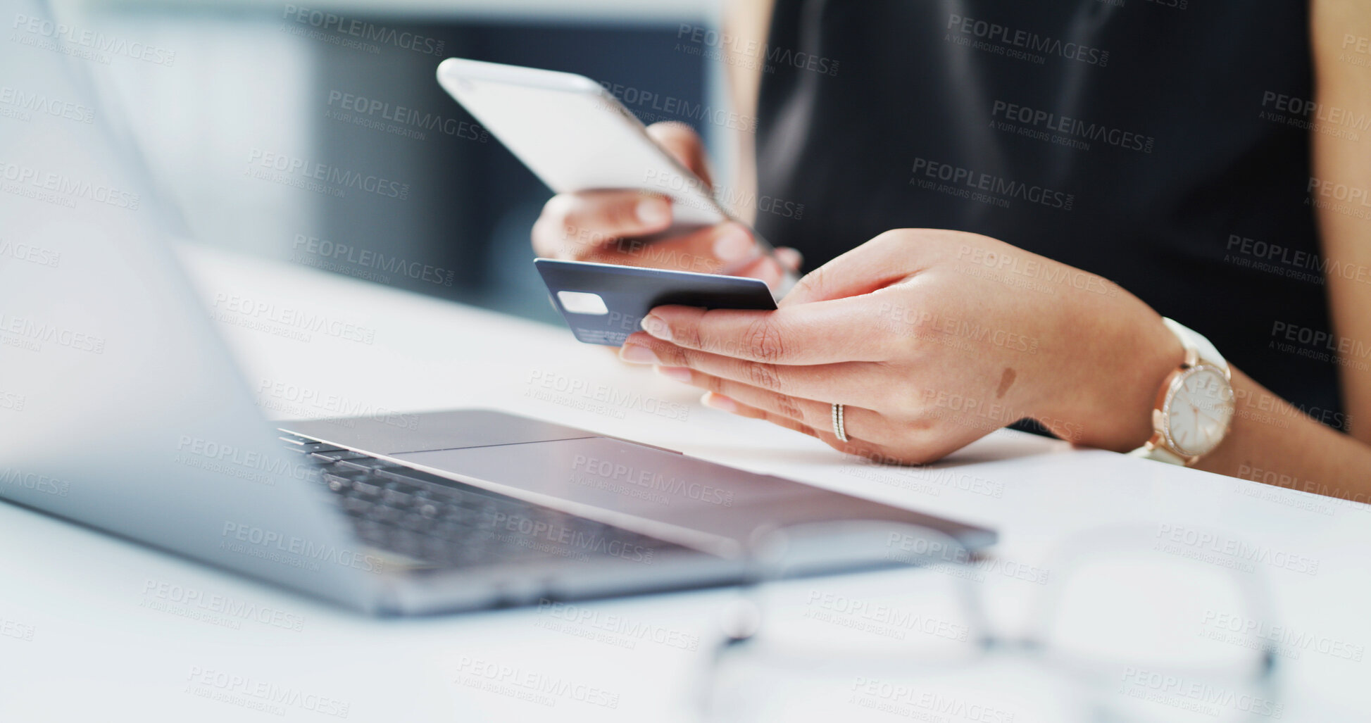 Buy stock photo Phone, credit card and hands of business woman with budget, savings or financial investment. Mobile, debit and worker in office with digital money, virtual banking and online shopping with payment