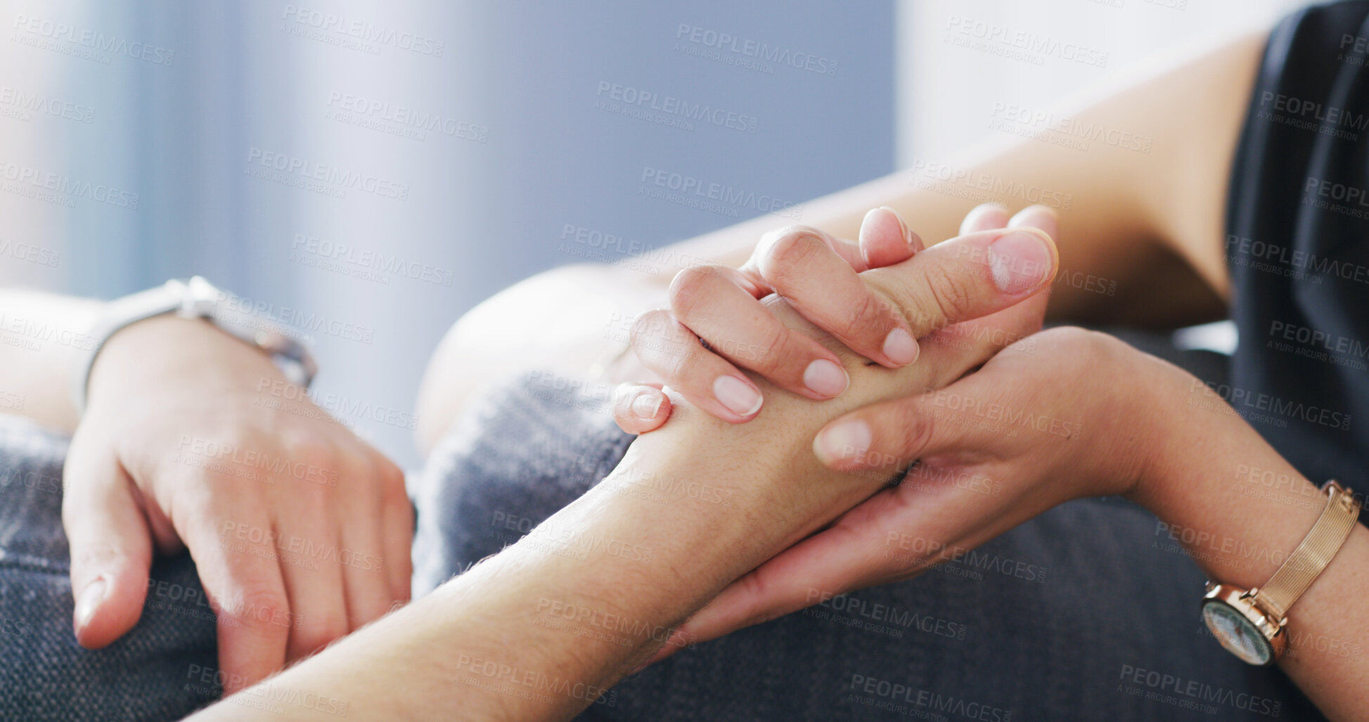 Buy stock photo Home, couple and holding hands with love, trust and connection with partner for commitment. Support, care and people together for comfort, bonding and loyalty in marriage for relationship in house