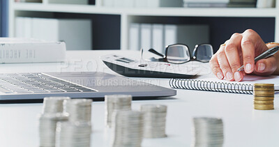 Buy stock photo Hands, notebook and coins with accounting at office, review and financial report for building project. Person, audit and money with planning for funding property development at architecture agency