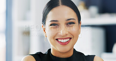 Buy stock photo Portrait, employee and woman with smile, office or trainee with ambition for career growth or pride. Happy, person and internship for experience in corporate, opportunity and confident in New York