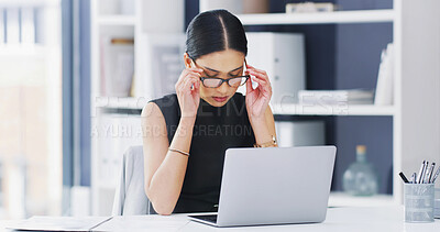 Buy stock photo Glasses, laptop and stress with business woman at desk in office for burnout, debt or tax review. Computer, eye strain and finance with corporate employee in workplace for investment fail or mistake