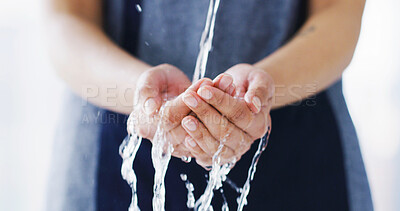 Buy stock photo Washing hands, water and splash for hygiene in home for germs, bacteria and dirt with routine. Person, cleaning palm and liquid in bathroom for virus, grooming and skincare in morning at apartment