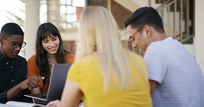 Buy stock photo Laptop, teamwork and people in library with studying for college exam, test or assignment together. Computer, happy and students with education for assessment with group at university campus.