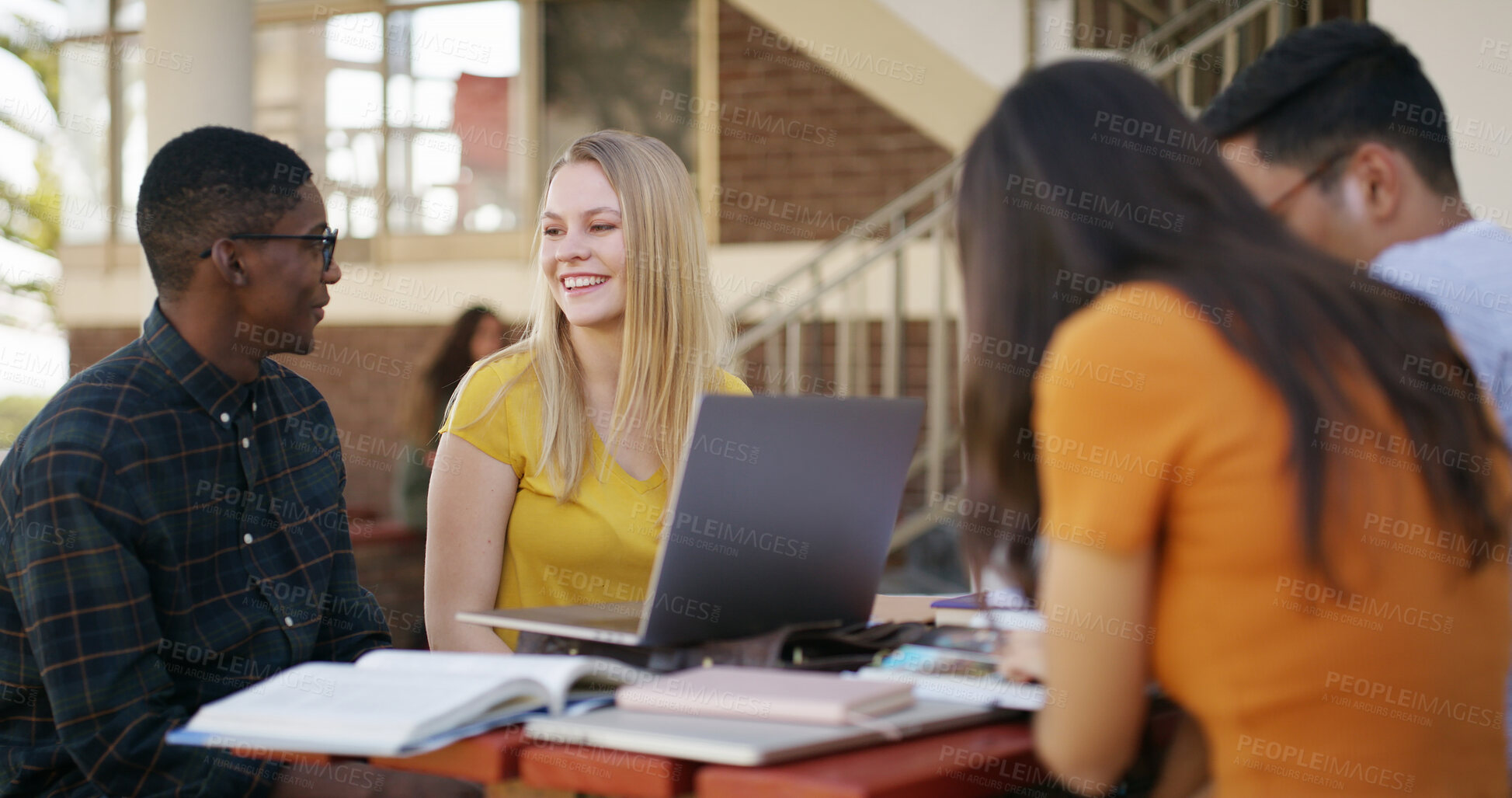 Buy stock photo Laptop, group and people in library with studying for college exam, test or assignment together. Computer, happy and students with education for assessment with teamwork at university campus.