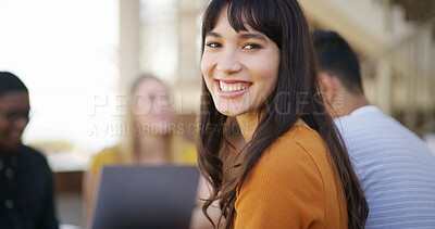 Buy stock photo University, woman and outdoor project with laptop, teamwork and discussion for academic assessment. Happy, education and students brainstorming with computer, ideas and knowledge for biology task.