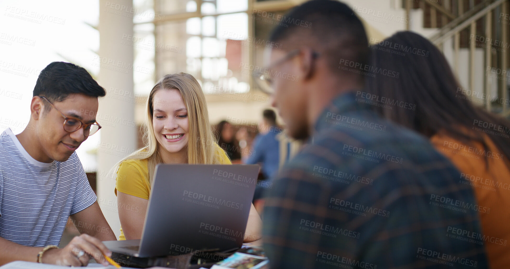 Buy stock photo People, students and laptop on campus for university portal, check exam results or assignment with friends. Pc, man and woman with group outdoor for learning, online academic study or research