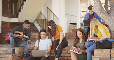 Buy stock photo People, students and reading on laptop at campus for education, research and group project. Friends, pc and textbook for learning, university scholarship and studying information for exam preparation