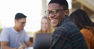 Buy stock photo Man, learning and portrait of happy university student for education, knowledge and scholarship. Smile, glasses and person at college campus for development, laugh and study outdoor with friends