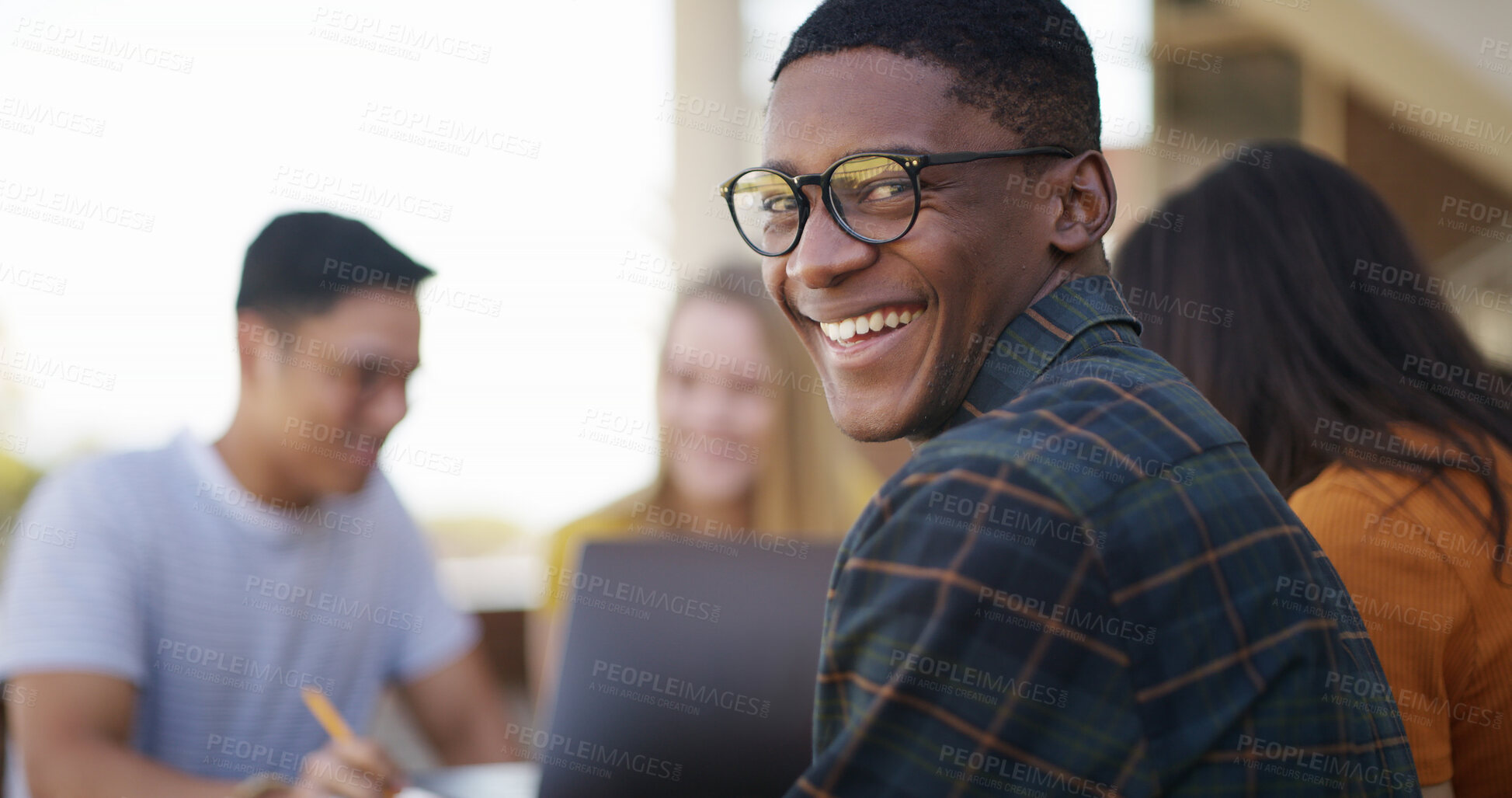 Buy stock photo Man, learning and portrait of happy university student for education, knowledge and scholarship. Smile, glasses and person at college campus for development, laugh and study outdoor with friends