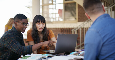 Buy stock photo Library, students and people with laptop for education, pointing or preparing for exam with friends. Learning, group and planning with tech for knowledge, conversation or research for test in college