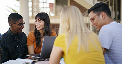 Buy stock photo Laptop, group and people in library with studying for college exam, test or assignment together. Computer, happy and students with education for assessment with teamwork at university campus.