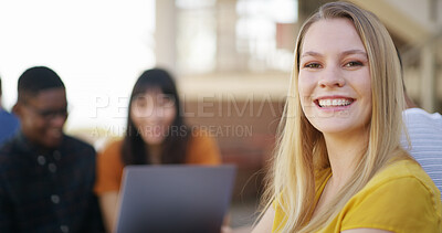 Buy stock photo Happy, college student or woman on campus for portrait, group work or project in education degree. Smile, study or female person in university with space, skills development or knowledge in school.