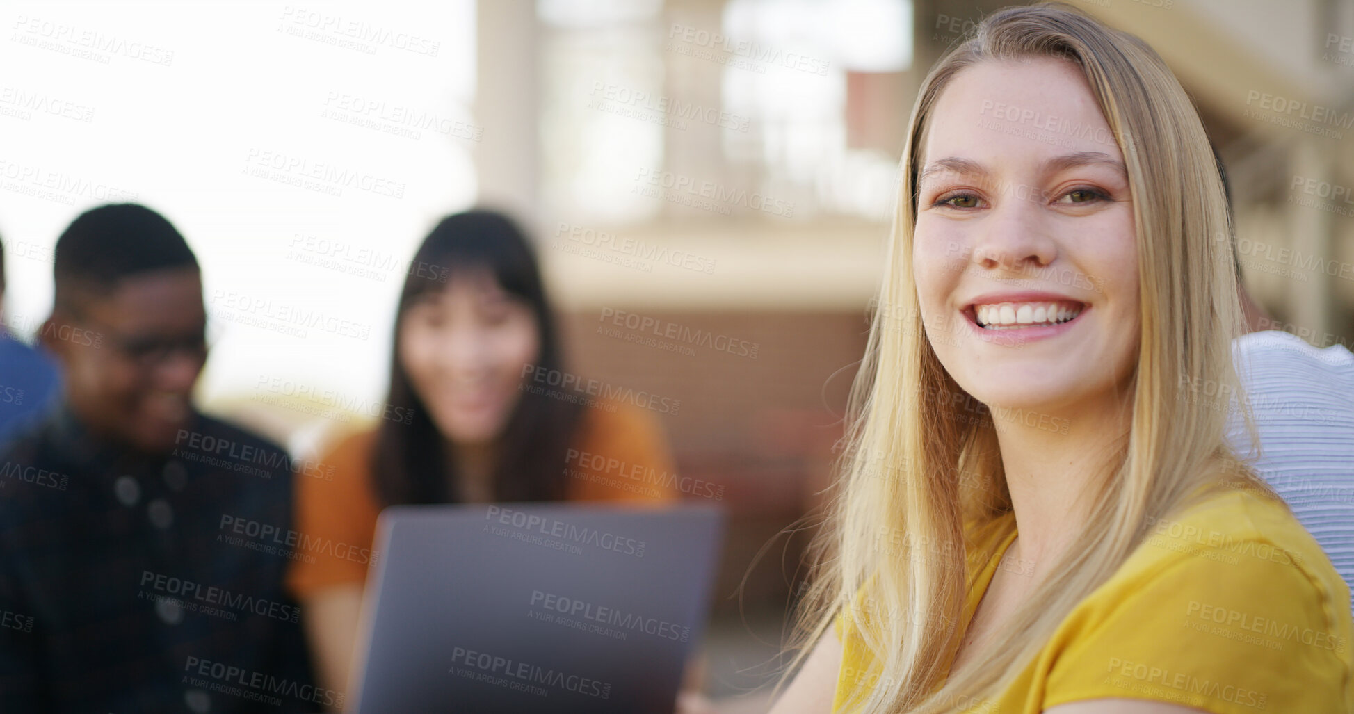 Buy stock photo Happy, college student or woman on campus for portrait, group work or project in education degree. Smile, study or female person in university with space, skills development or knowledge in school.