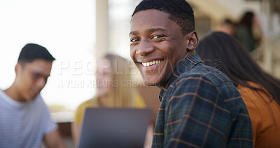 Buy stock photo Man, education and portrait of happy college student learning, knowledge and scholarship. Smile, study and person at university campus for development, opportunity and future outdoor with friends