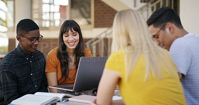 Buy stock photo Laptop, conversation and people in library with studying for college exam, test or assignment together. Computer, happy and students with education for assessment with teamwork at university campus.