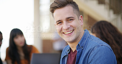 Buy stock photo Man, scholarship and portrait of happy college student learning, knowledge and education. Smile, study and person at university campus for development or academic opportunity outdoor with friends