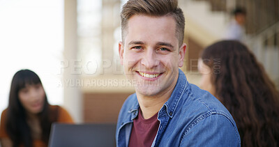 Buy stock photo Man, scholarship and portrait of college student with smile for learning, knowledge or education. Study, happy person and university campus for development, opportunity or future outdoor with friends