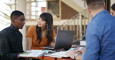 Buy stock photo Library, friends and group with laptop, discussion or research for exam on web, learning and online. Studying, students and people with tech in university, plan and test preparation with knowledge