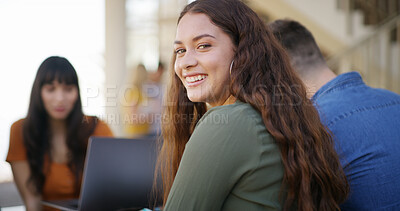 Buy stock photo Happy, university and portrait of woman at campus for education with confidence for studying. Smile, pride and female student with group for learning with college exam, assignment or test outdoor.