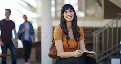Buy stock photo Education, tablet and portrait of woman in college for student, research thesis and scholarship application. Dissertation grant, university and learning with person on campus for online project