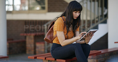 Buy stock photo Girl, student and research with tablet for network connection, online study or course on campus. Female person, academic learner and scrolling with technology for higher education, learning or app