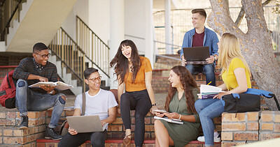 Buy stock photo People, students and laugh with laptop at campus for education, research and group project. Friends, pc and textbook for learning, university scholarship and studying information for exam preparation