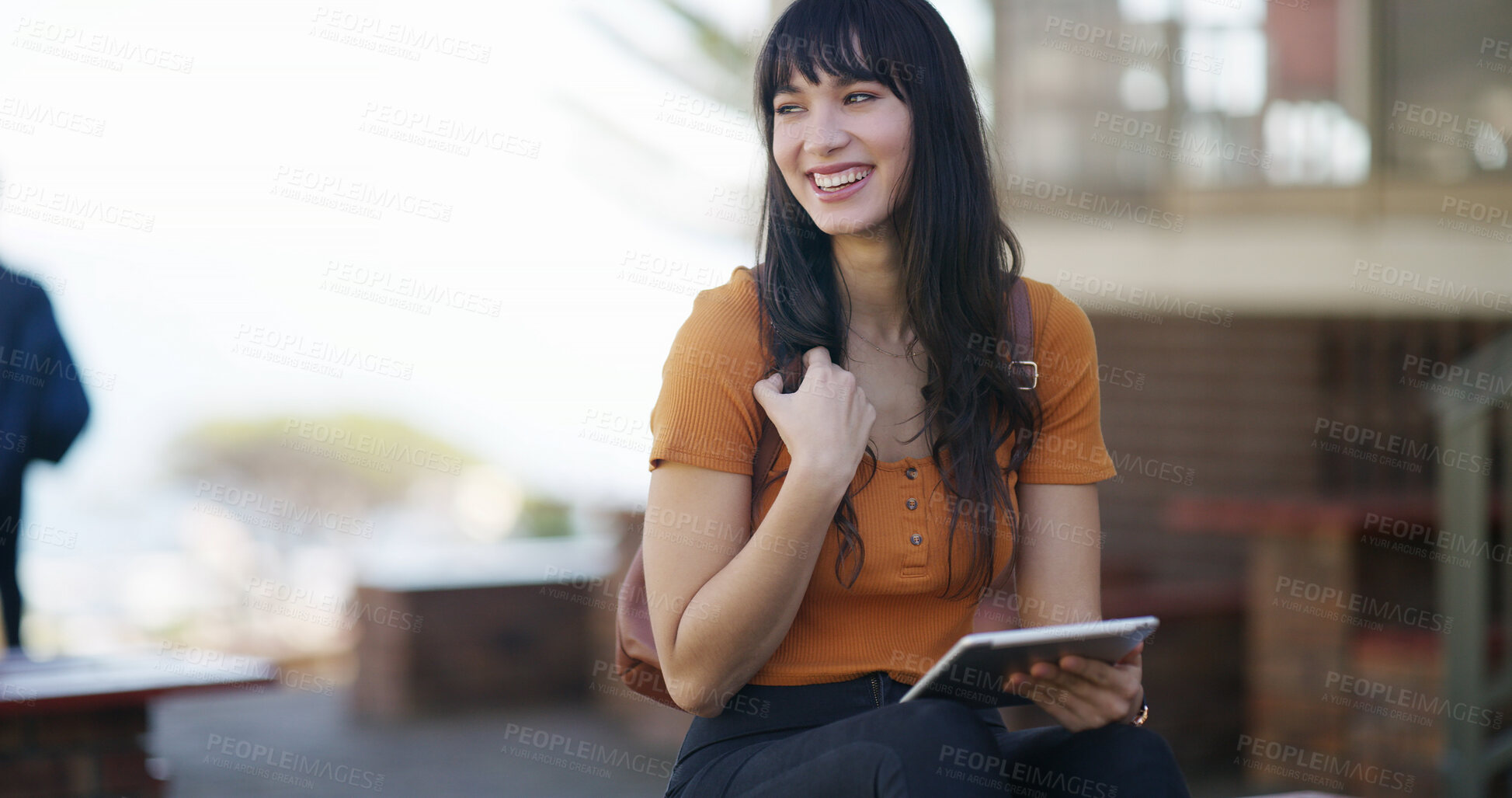Buy stock photo Student, tablet and smile with woman in college for education, research thesis and scholarship application. Dissertation grant, university and learning with person on campus for online project space