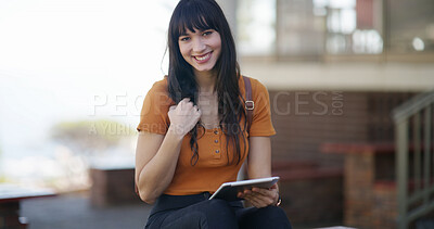 Buy stock photo Student, tablet and portrait of woman in college for education, research thesis and scholarship application. Dissertation grant, university and learning with person on campus for online project