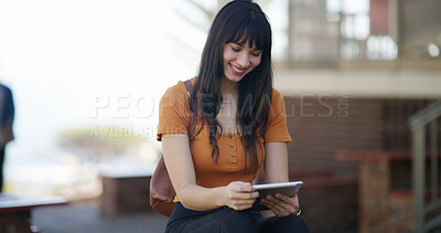 Buy stock photo Happy girl, student and research with tablet for social media, online study or course on campus. Female person, academic learner and smile with technology for higher education, learning or app