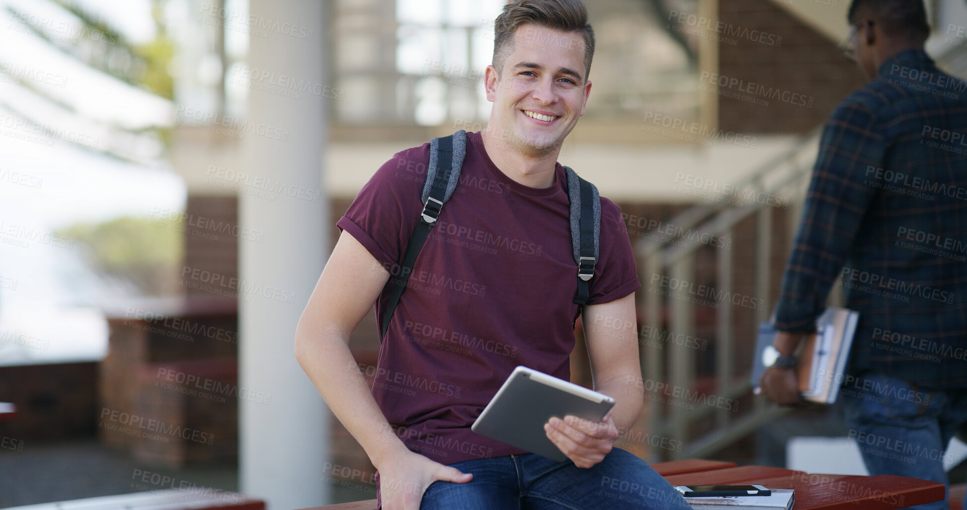 Buy stock photo Research, tablet and portrait of man in college for education, student thesis and scholarship application. Dissertation grant, university and learning with person on campus for online project