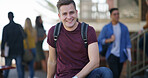 Students, man and smile in portrait on campus for learning break, education and college scholarship. University, person and happy with backpack outdoor for academic growth, knowledge and study pride