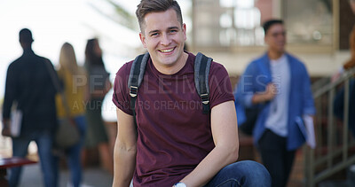 Buy stock photo Students, man and smile in portrait on campus for learning break, education and college scholarship. University, person and happy with backpack outdoor for academic growth, knowledge and study pride