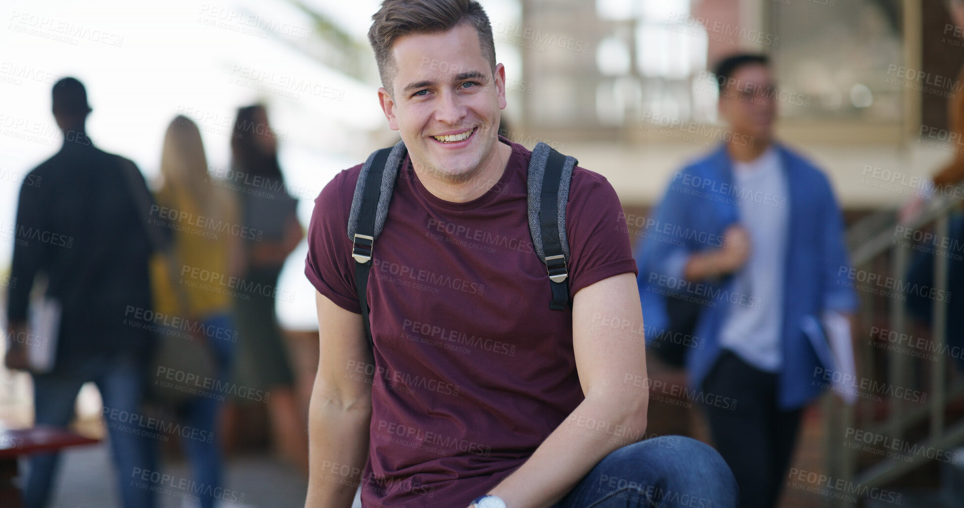 Buy stock photo Students, man and smile in portrait on campus for learning break, education and college scholarship. University, person and happy with backpack outdoor for academic growth, knowledge and study pride