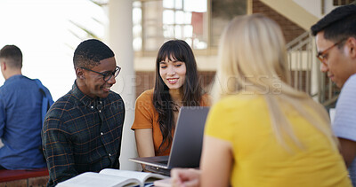 Buy stock photo Happy people, students or laptop with research on campus for group project or assignment. College, friends and smile with computer or textbooks on break for study material or team assessment together
