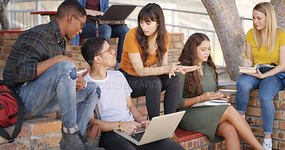Buy stock photo People, students and talk with laptop at campus for education, research and group project. Friends, pc and textbook for learning, university scholarship and studying information for exam preparation