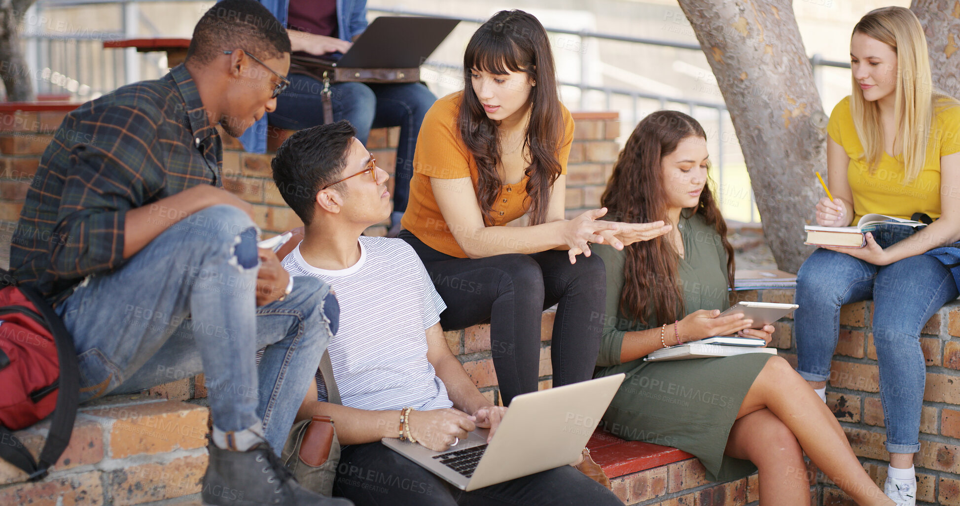 Buy stock photo People, students and talk with laptop at campus for education, research and group project. Friends, pc and textbook for learning, university scholarship and studying information for exam preparation