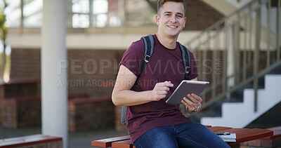 Buy stock photo Smile, tablet and portrait of student in college for education, research thesis and scholarship application. Dissertation grant, university and learning with man outdoor for online project