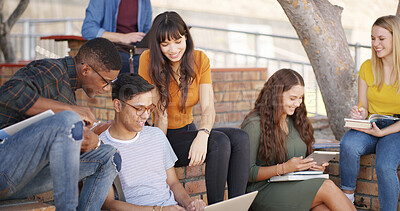 Buy stock photo University, students and people with laptop for education, talk and preparing for exam with friends. Learning, group and planning with tech for knowledge, conversation or research for test in college