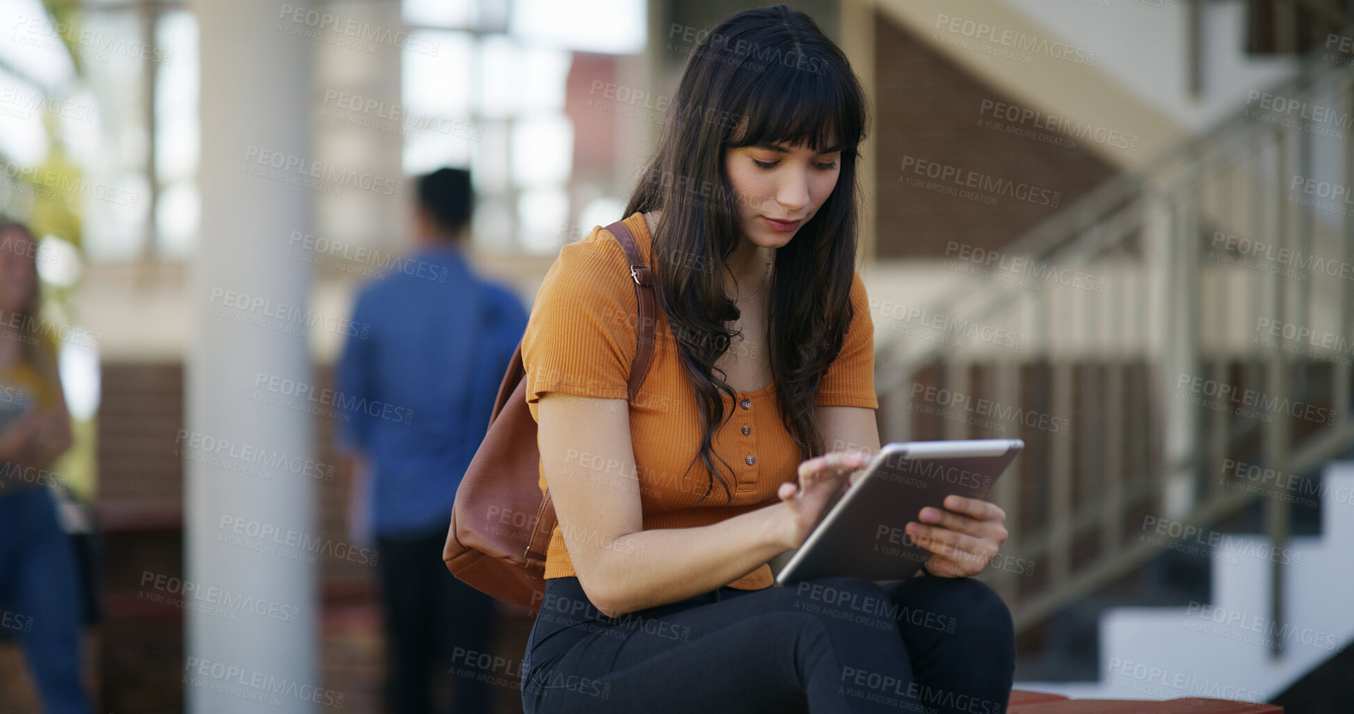 Buy stock photo Girl, student and tablet with results for college assessment, study or course on campus. Female person, academic learner and research with technology for higher education, learning or grading app
