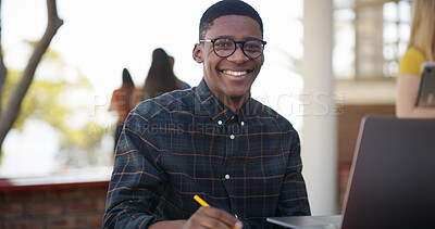 Buy stock photo Happy, student or portrait with laptop on campus for exam preparation, online assessment or learning. Education, people and tech at university for tutorial assignment, thesis research and scholarship