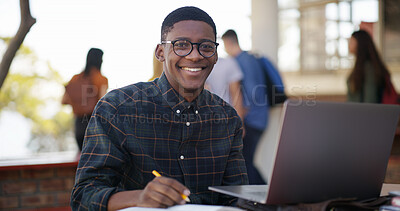Buy stock photo Students, man and happy with laptop on campus for exam study, test preparation and productivity. Portrait, books person learning with computer at university for knowledge, essay research or education