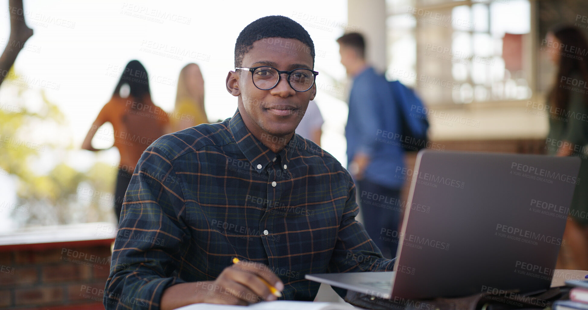 Buy stock photo Students, man and portrait with laptop on campus for exam study, test preparation and education. Learning, person and tech outdoor at university for online assessment, thesis research and scholarship