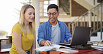 College student, team and laptop with reading book outdoor for education, learning and assignment. Study, man and woman prepare for exam with textbook for knowledge and partner on university campus
