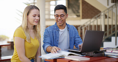 Buy stock photo College student, team and laptop with reading book outdoor for education, learning and assignment. Study, man and woman prepare for exam with textbook for knowledge and partner on university campus