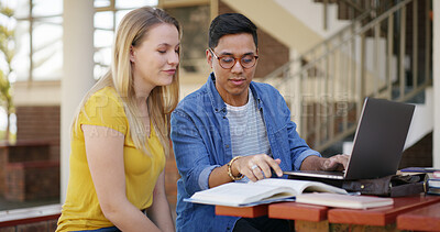 Buy stock photo Students, team and laptop with reading book on campus for education, learning and assignment. Studying, man and woman prepare for exam outdoor with textbook for knowledge and partner at university 